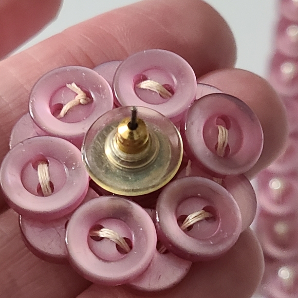 Set Vintage 80's button necklace earrings pierced pearls lavender purple handmad - Picture 7 of 10